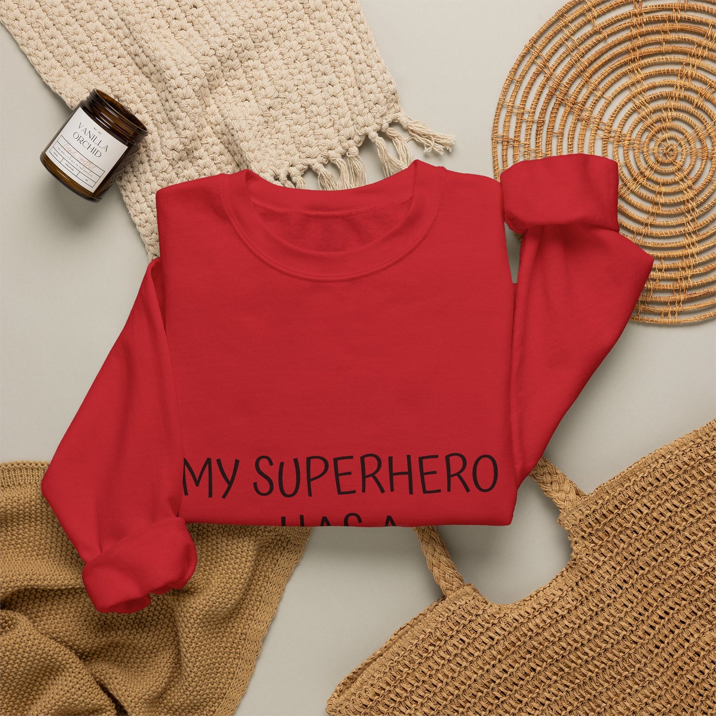 Crewneck Sweatshirt — "My Superhero Has a Heart Scar" Heart Back Design