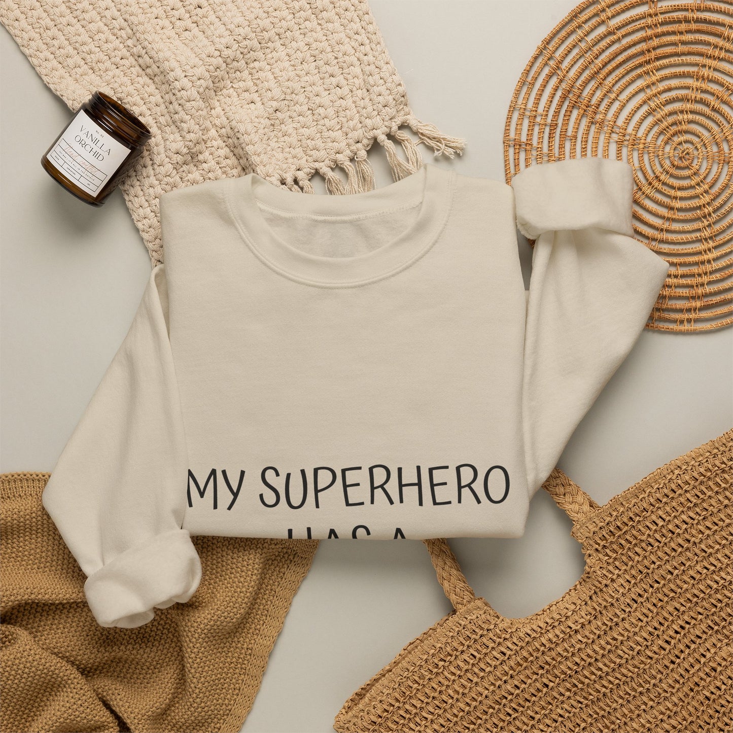 Crewneck Sweatshirt — "My Superhero Has a Heart Scar" Heart Back Design
