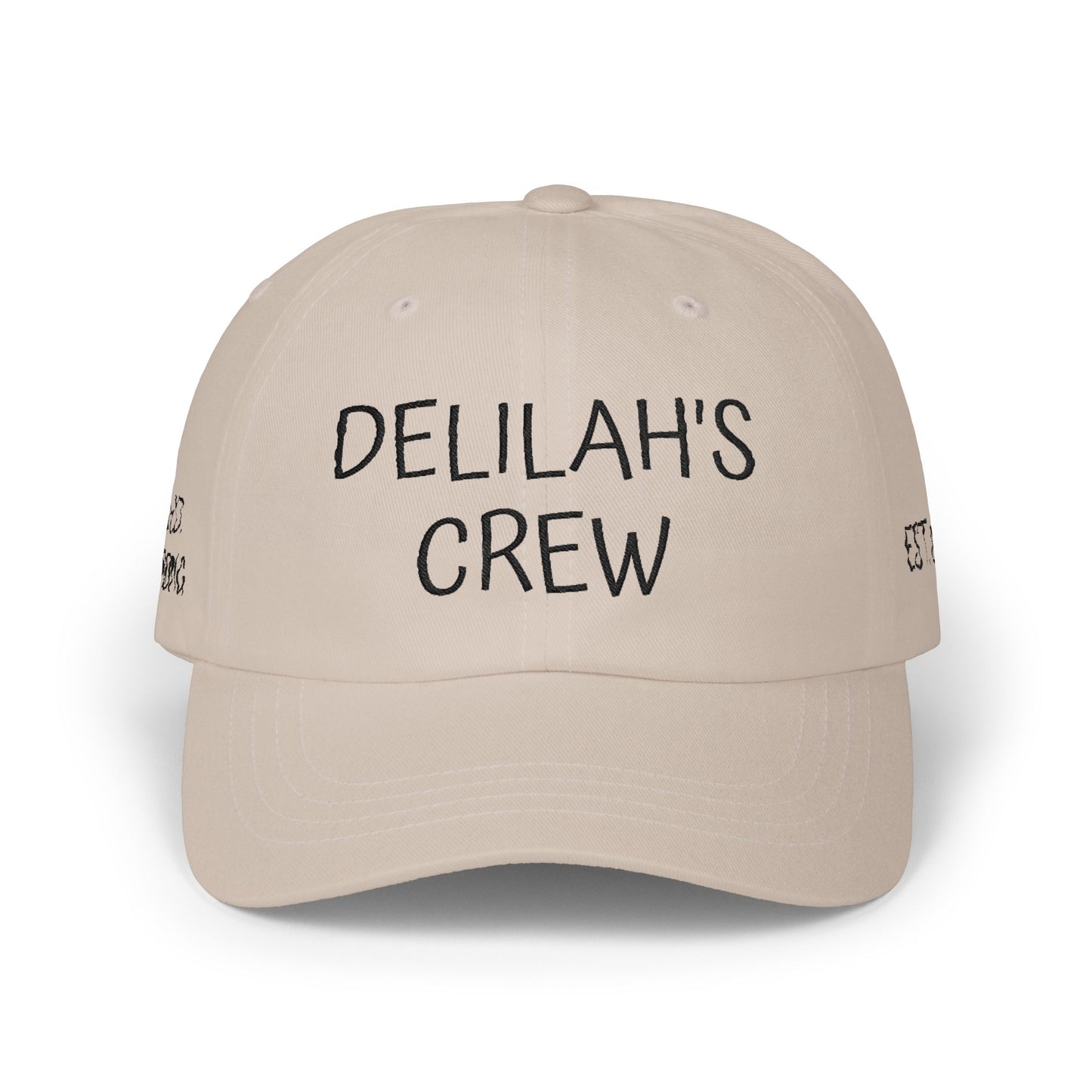 Delilah's Crew Embroidered Dad Cap — Personalized White Baseball Hat ("1 in 100" Back)