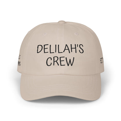 Delilah's Crew Embroidered Dad Cap — Personalized White Baseball Hat ("1 in 100" Back)