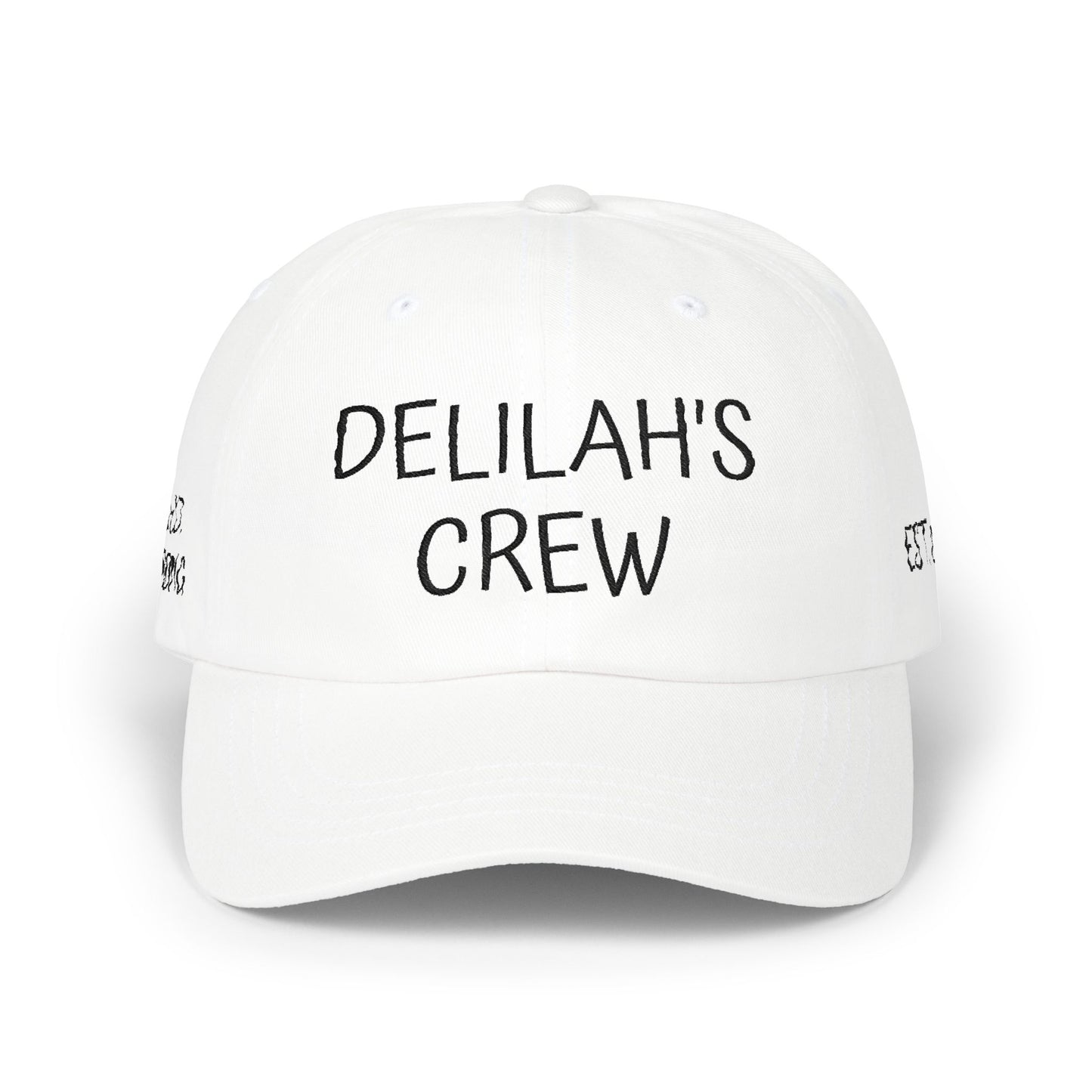 Delilah's Crew Embroidered Dad Cap — Personalized White Baseball Hat ("1 in 100" Back)