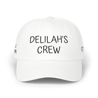 Delilah's Crew Embroidered Dad Cap — Personalized White Baseball Hat ("1 in 100" Back)