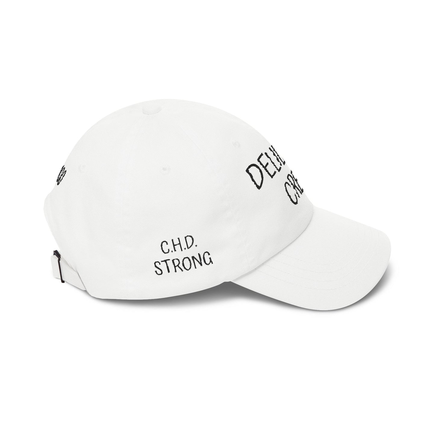 Delilah's Crew Embroidered Dad Cap — Personalized White Baseball Hat ("1 in 100" Back)
