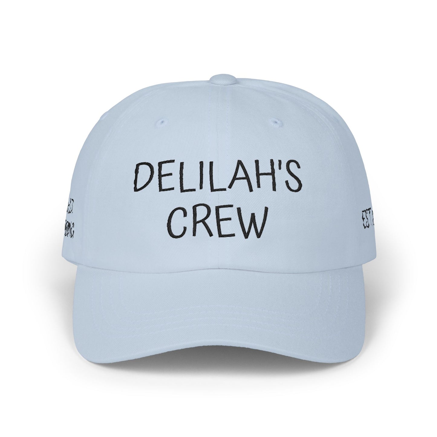 Delilah's Crew Embroidered Dad Cap — Personalized White Baseball Hat ("1 in 100" Back)