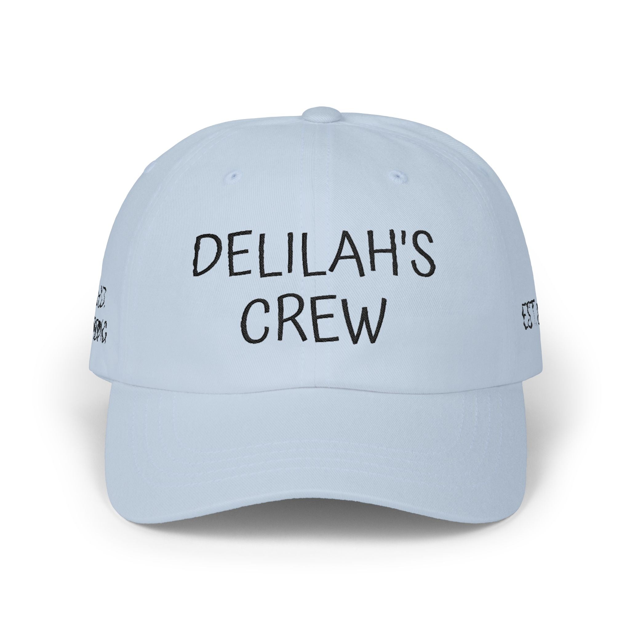 Delilah's Crew Embroidered Dad Cap — Personalized White Baseball Hat ("1 in 100" Back)