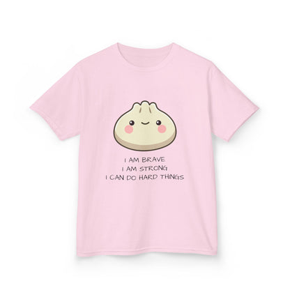 Marlee's Kids Tee — Cute Dumpling Graphic with 'I Am Brave, I Am Strong' Affirmation