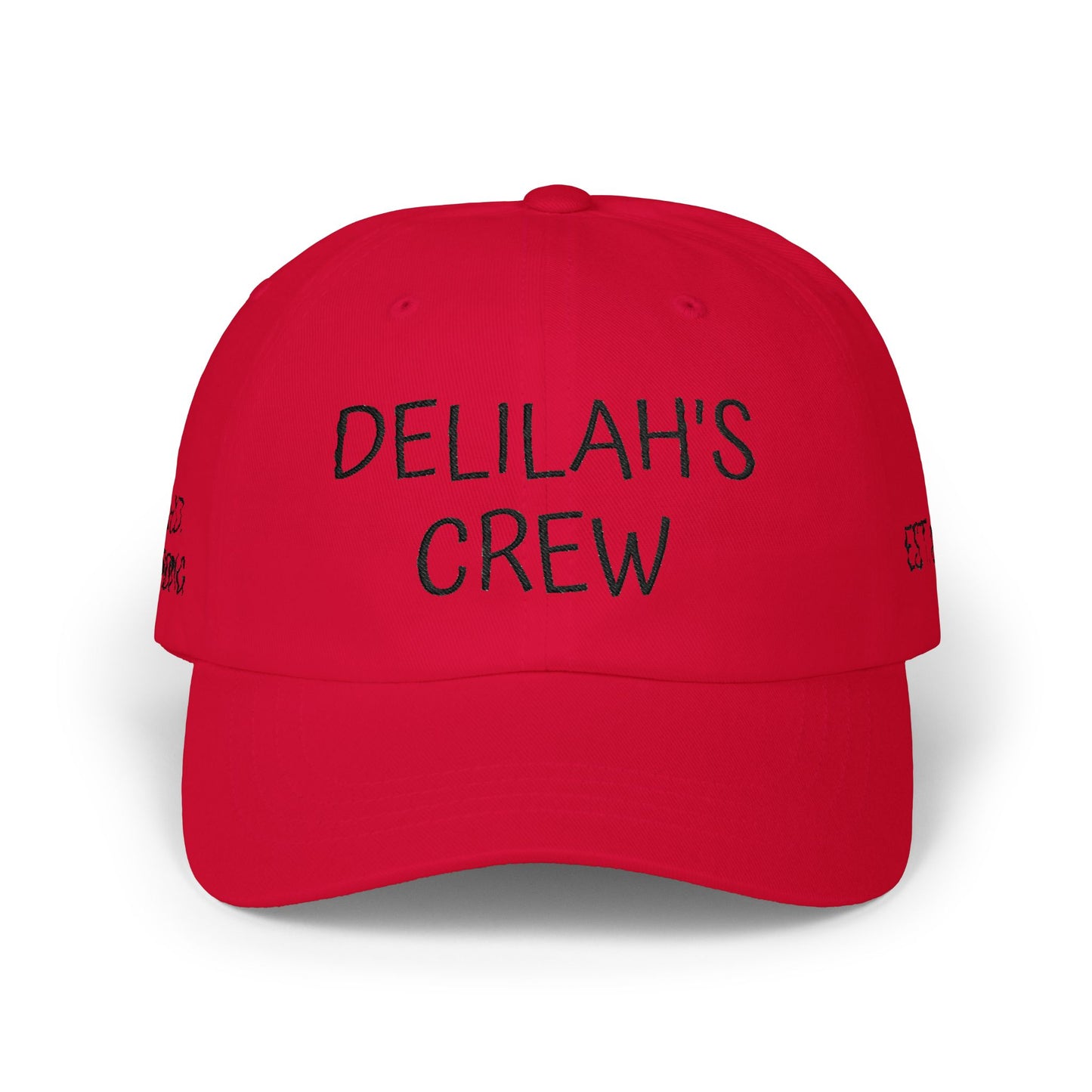 Delilah's Crew Embroidered Dad Cap — Personalized White Baseball Hat ("1 in 100" Back)
