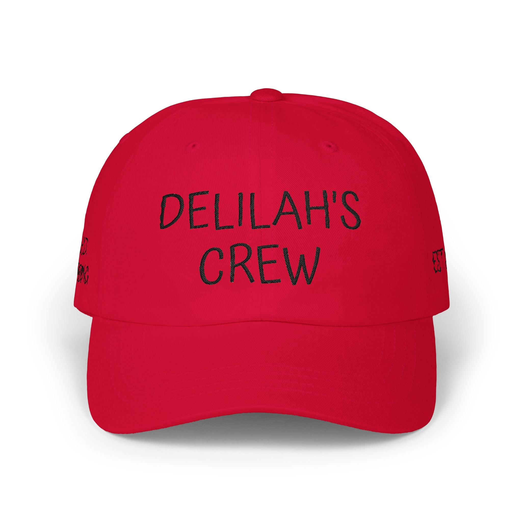Delilah's Crew Embroidered Dad Cap — Personalized White Baseball Hat ("1 in 100" Back)