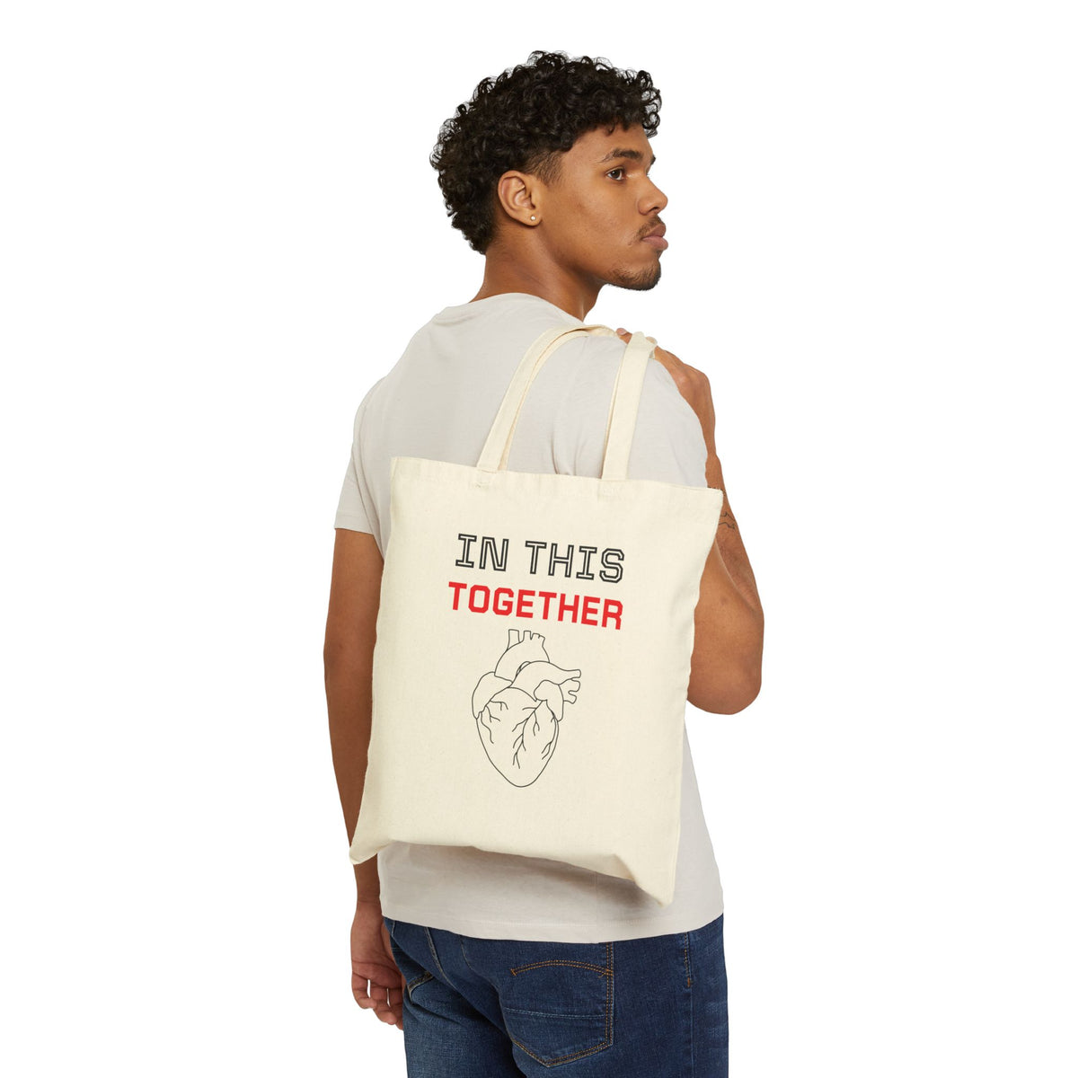 In This Together Tote Bag – Heart Illustration Cotton Canvas Grocery & Everyday Tote